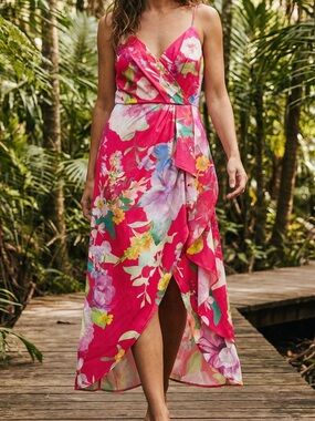 Lipsy Pink Floral Wrap Ruffle Midi Dress US 14